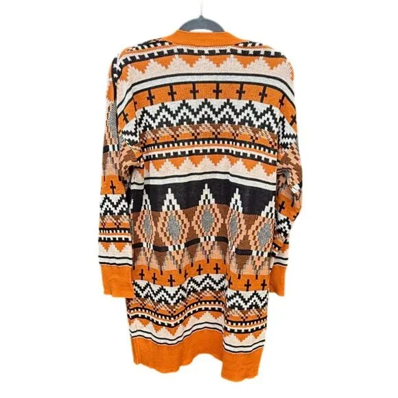 Serra Women Aztec Open Front Cardigan Sweater L Orange & Black Pockets Southwest - Picture 5 of 5